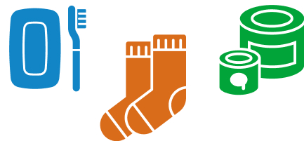 donation items: toiletries, socks, non-perishable food
